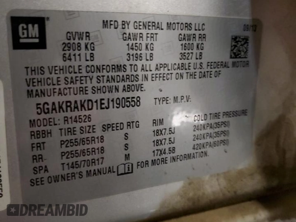 2014 Buick Enclave Convenience with VIN 5GAKRAKD1EJ190558, listed as a Copart auction lot 88261145 with 171,442 mi miles and Salvage Title. Bid and sale history available at carsss.com. Image 15.