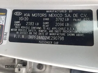 2021 Kia Forte LXS with VIN 3KPF24AD2ME290798, listed as a Copart auction lot 61677625 with 100,333 mi miles and Non repairable. Bid and sale history available at DreamBid. Image 12.