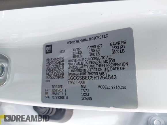 2024 Chevrolet Colorado 2WD Work Truck with VIN 1GCGSBEC9R1264543, listed as a IAAI auction lot 42034900 with 5,810 mi miles and . Bid and sale history available at DreamBid. Image 9.