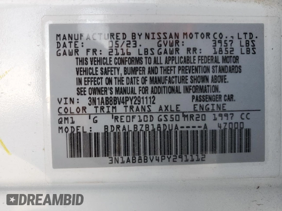 2023 Nissan Sentra S z VIN 3N1AB8BV4PY291112, wystawiony jako Copart lot #53253995 z przebiegiem 11 388 mil mil oraz Szkoda całkowita • Salvage title. Historia ofert i sprzedaży dostępna na DreamBid. Obrazek 14.