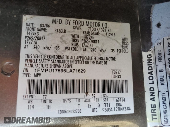 2006 Ford Expedition Eddie Bauer with VIN 1FMPU17596LA71629, listed as a Copart auction lot 47889825 with 258,585 mi miles and Salvage Title. Bid and sale history available at carsss.com. Image 13.