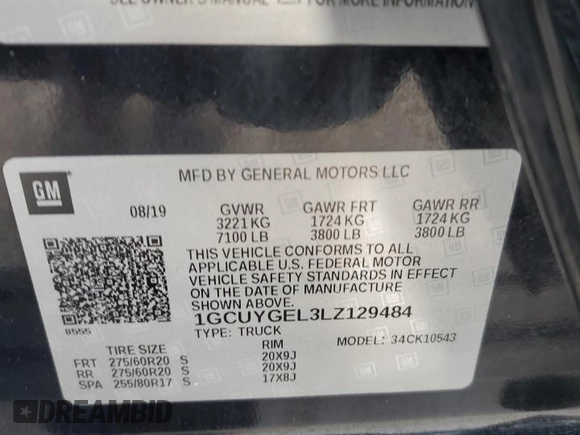 2020 Chevrolet Silverado 1500 LTZ with VIN 1GCUYGEL3LZ129484, listed as a Copart auction lot 49010975 with 75,680 mi miles and Clean Title. Bid and sale history available at DreamBid. Image 14.