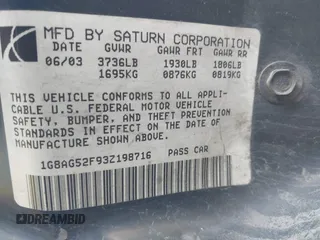2003 Saturn ION ION 1 z VIN 1G8AG52F93Z198716, wystawiony jako IAAI lot #42317240 z przebiegiem 228 730 mil mil oraz . Historia ofert i sprzedaży dostępna na DreamBid. Obrazek 9.
