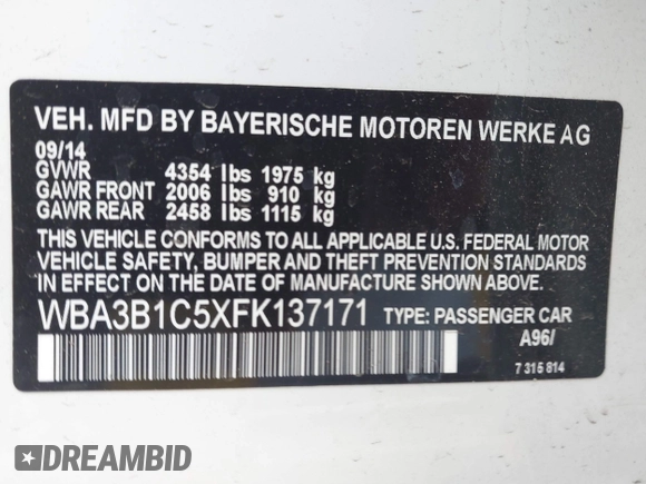 2015 BMW 3 Series 320i with VIN WBA3B1C5XFK137171, listed as a IAAI auction lot 41736278 with 28,673 mi miles. Bid and sale history available at carsss.com. Image 9.
