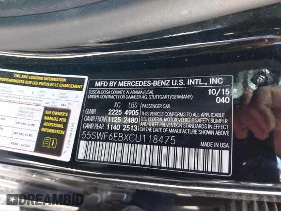 2016 Mercedes-Benz C 450 AMG with VIN 55SWF6EBXGU118475, listed as a IAAI auction lot 41750016 with 134,423 mi miles and . Bid and sale history available at carsss.com. Image 9.