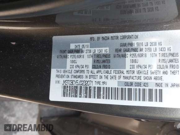 2018 Mazda CX-9 Touring with VIN JM3TCBCY5J0232071, listed as a IAAI auction lot 41488302 with 107,642 mi miles. Bid and sale history available at carsss.com. Image 9.