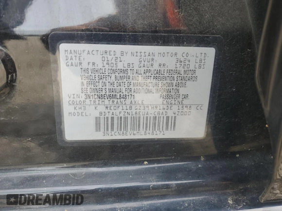 2021 Nissan Versa SV with VIN 3N1CN8EV6ML848171, listed as a Copart auction lot 56190565 with 70,712 mi miles and Salvage title. Bid and sale history available at DreamBid. Image 12.