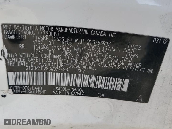 2012 Toyota RAV4 Limited with VIN 2T3DK4DV5CW072496, listed as a Copart auction lot 51240225 with 0 mi miles and Salvage Title. Bid and sale history available at carsss.com. Image 12.