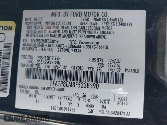 2015 Ford Mustang V6 with VIN 1FATP8EM8F5338590, listed as a IAAI auction lot 41707171 with 91,686 mi miles and . Bid and sale history available at DreamBid. Image 9.