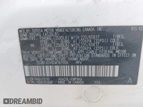 2012 Toyota RAV4 with VIN 2T3BF4DV8CW187668, listed as a IAAI auction lot 42686673 with 221,216 mi miles and . Bid and sale history available at DreamBid. Image 9.