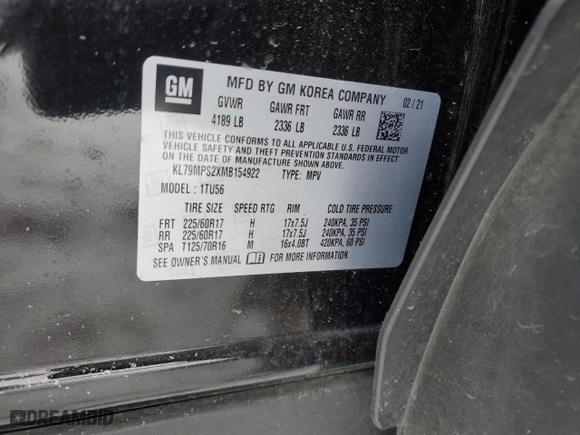 2021 Chevrolet TrailBlazer LT with VIN KL79MPS2XMB154922, listed as a Copart auction lot 88910645 with 58,063 mi miles and Salvage Title. Bid and sale history available at carsss.com. Image 13.