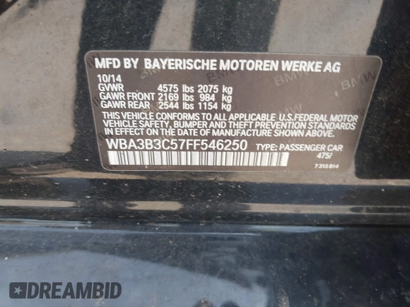 2015 BMW 3 Series 328i xDrive with VIN WBA3B3C57FF546250, listed as a IAAI auction lot 42214349 with 55,157 mi miles and . Bid and sale history available at DreamBid. Image 9.