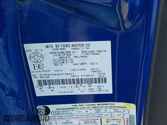 2010 Ford F-150 XL с VIN 1FTEW1E82AFC59211, выставлен на аукционе IAAI как лот 42109594 с пробегом 191 916 миль миль и . История ставок и продаж доступна на DreamBid. Изображение 9.