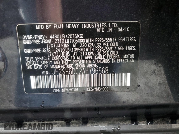 2010 Subaru Forester 2.5X Limited with VIN JF2SH6DC2AH796568, listed as a Copart auction lot 53985775 with 54,009 mi miles and Salvage Title. Bid and sale history available at carsss.com. Image 13.