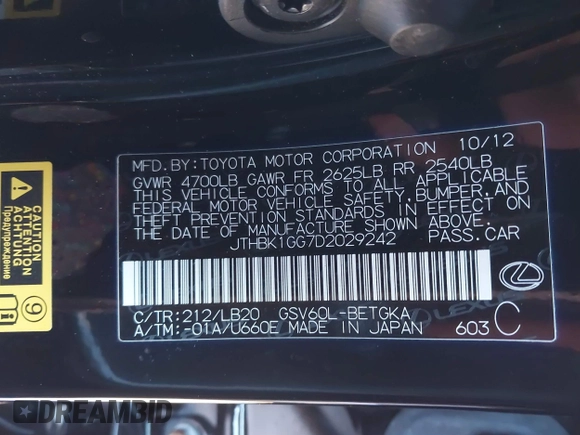 2013 Lexus ES 250 with VIN JTHBK1GG7D2029242, listed as a IAAI auction lot 41090993 with 55,053 mi miles and . Bid and sale history available at DreamBid. Image 9.