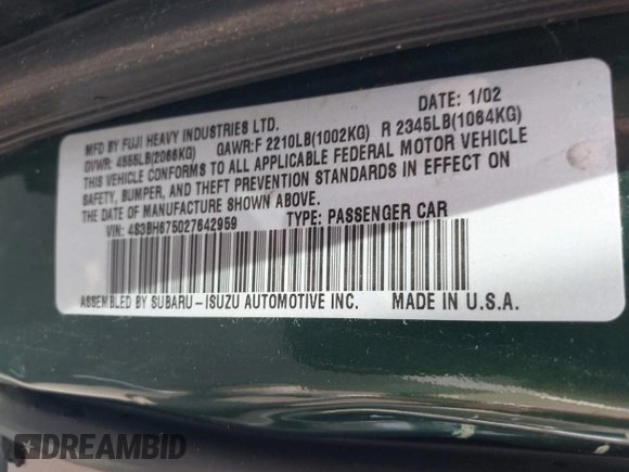 2002 Subaru Legacy Outback z VIN 4S3BH675027642959, wystawiony jako IAAI lot #42484848 z przebiegiem Nie podano mil oraz . Historia ofert i sprzedaży dostępna na DreamBid. Obrazek 9.