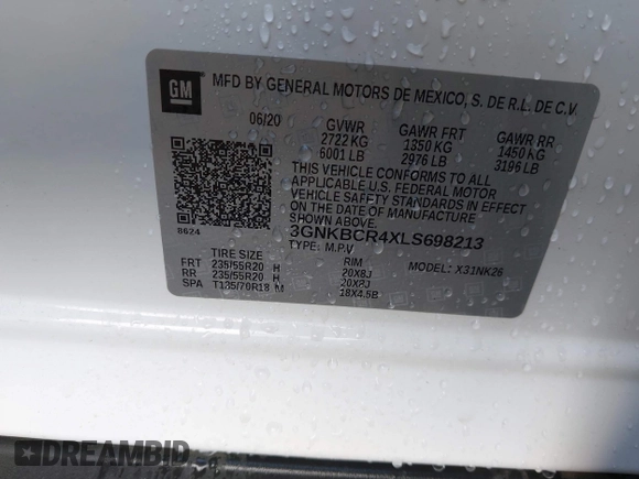 2020 Chevrolet Blazer LT with VIN 3GNKBCR4XLS698213, listed as a IAAI auction lot 41686203 with 43,107 mi miles and . Bid and sale history available at DreamBid. Image 9.