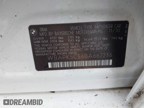 2011 BMW 3 Series 328i xDrive with VIN WBAPK5C56BA662236, listed as a IAAI auction lot 42207015 with 184,118 mi miles and . Bid and sale history available at DreamBid. Image 9.