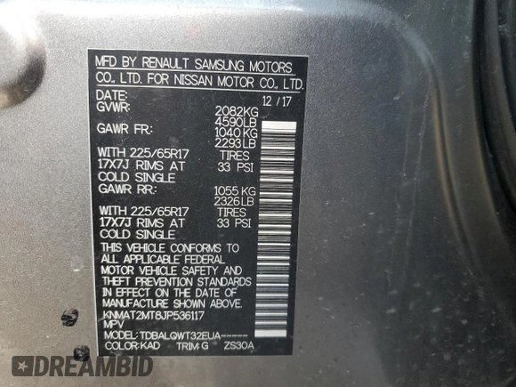 2018 Nissan Rogue S with VIN KNMAT2MT8JP536117, listed as a Copart auction lot 45811305 with 83,575 mi miles and Salvage Title. Bid and sale history available at carsss.com. Image 14.