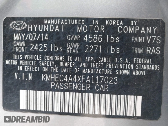2014 Hyundai Sonata Hybrid Limited with VIN KMHEC4A4XEA117023, listed as a IAAI auction lot 41299461 with 154,822 mi miles. Bid and sale history available at carsss.com. Image 9.