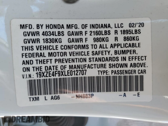 2020 Honda Insight Touring z VIN 19XZE4F9XLE012707, wystawiony jako Copart lot #56637245 z przebiegiem 69 286 mil mil oraz Szkoda całkowita • Salvage title. Historia ofert i sprzedaży dostępna na DreamBid. Obrazek 13.