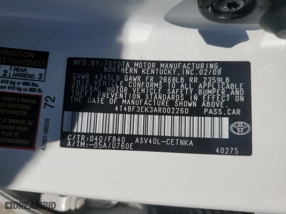2010 Toyota Camry with VIN 4T4BF3EK3AR002260, listed as a Copart auction lot 46861015 with 169,659 mi miles and Salvage Title. Bid and sale history available at carsss.com. Image 14.