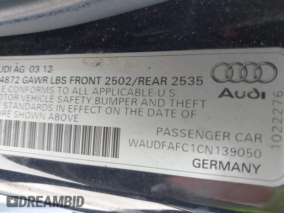 2012 Audi A6 Premium Plus with VIN WAUDFAFC1CN139050, listed as a IAAI auction lot 42667649 with 172,361 mi miles and . Bid and sale history available at DreamBid. Image 9.