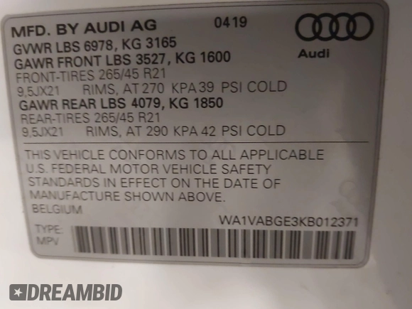 2019 Audi e-tron Prestige with VIN WA1VABGE3KB012371, listed as a IAAI auction lot 42314860 with 41,269 mi miles and . Bid and sale history available at DreamBid. Image 9.