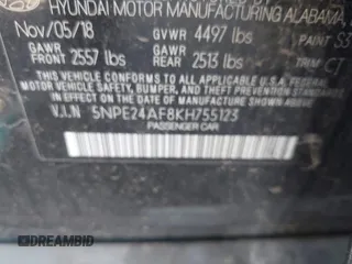 2019 Hyundai Sonata SE with VIN 5NPE24AF8KH755123, listed as a IAAI auction lot 40611551 with Not Provided miles and . Bid and sale history available at carsss.com. Image 9.