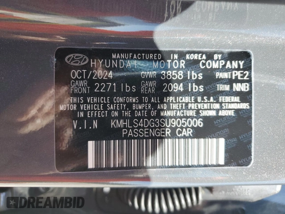 2025 Hyundai Elantra SEL Convenience with VIN KMHLS4DG3SU905006, listed as a Copart auction lot 51754915 with 10,054 mi miles and Clean Title. Bid and sale history available at DreamBid. Image 12.