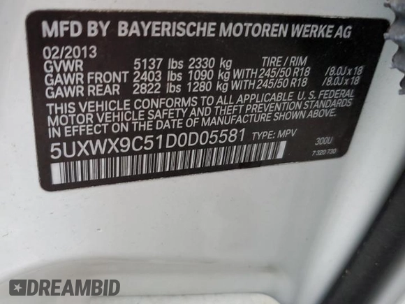 2013 BMW X3 xDrive28i with VIN 5UXWX9C51D0D05581, listed as a Copart auction lot 50946505 with 120,451 mi miles and Clean Title. Bid and sale history available at carsss.com. Image 13.