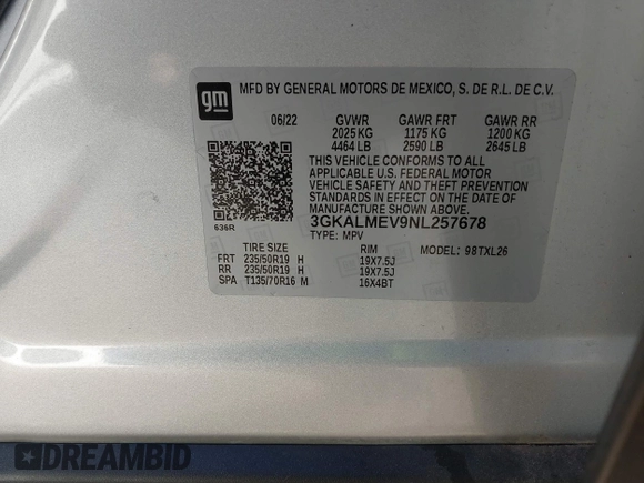 2022 GMC Terrain SLE with VIN 3GKALMEV9NL257678, listed as a IAAI auction lot 41875827 with 21,742 mi miles and . Bid and sale history available at carsss.com. Image 9.