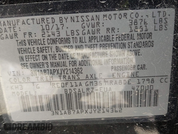 2018 Nissan Sentra SV with VIN 3N1AB7APXJY214362, listed as a IAAI auction lot 41875892 with 160,813 mi miles and . Bid and sale history available at DreamBid. Image 9.