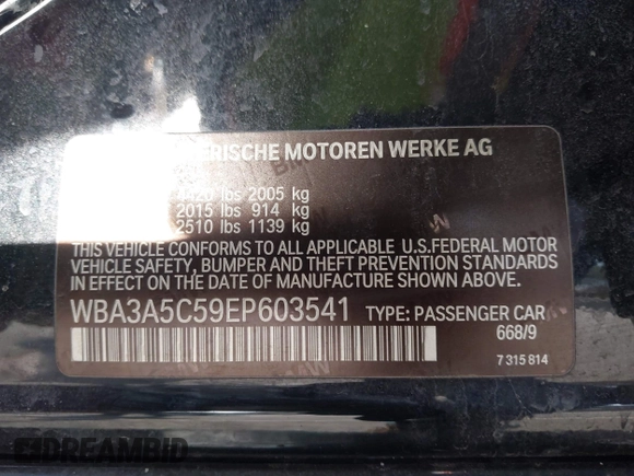 2014 BMW 3 Series 328i with VIN WBA3A5C59EP603541, listed as a IAAI auction lot 42006155 with 42,105 mi miles. Bid and sale history available at carsss.com. Image 9.