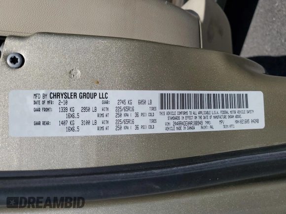 2010 Chrysler Town & Country LX with VIN 2A4RR4DE0AR188949, listed as a Copart auction lot 54140515 with 185,534 mi miles and Salvage Title. Bid and sale history available at DreamBid. Image 13.