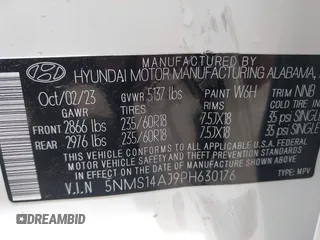 2023 Hyundai Santa Fe SE with VIN 5NMS14AJ9PH630176, listed as a IAAI auction lot 42202536 with 26,624 mi miles and . Bid and sale history available at DreamBid. Image 9.