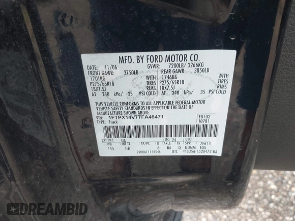 2007 Ford F-150 XLT с VIN 1FTPX14V77FA46471, выставлен на аукционе IAAI как лот 42661995 с пробегом 189 210 миль миль и . История ставок и продаж доступна на DreamBid. Изображение 9.