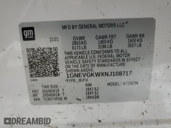 2022 Chevrolet Traverse LT Cloth with VIN 1GNEVGKWXNJ108717, listed as a Copart auction lot 44271965 with 75,959 mi miles and Salvage title. Bid and sale history available at DreamBid. Image 13.