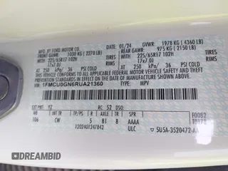 2024 Ford Escape Active с VIN 1FMCU0GN6RUA21360, выставлен на аукционе IAAI как лот 42295706 с пробегом 12 815 миль миль и . История ставок и продаж доступна на DreamBid. Изображение 9.