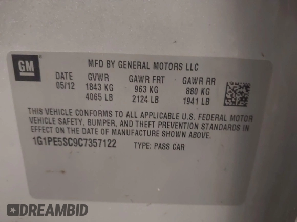2012 Chevrolet Cruze 1FL with VIN 1G1PE5SC9C7357122, listed as a IAAI auction lot 42167053 with 207,398 mi miles and . Bid and sale history available at DreamBid. Image 9.