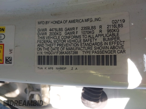 2019 Honda Accord Sedan Sport 1.5T with VIN 1HGCV1F36KA057288, listed as a IAAI auction lot 42003713 with Not Provided miles. Bid and sale history available at carsss.com. Image 9.