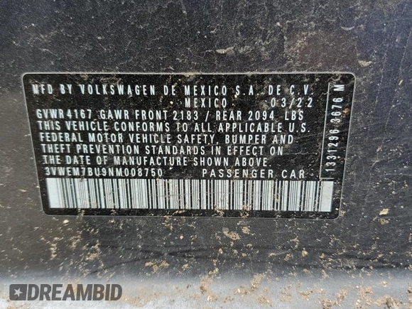 2022 Volkswagen Jetta SE with VIN 3VWEM7BU9NM008750, listed as a Copart auction lot 53497895 with 50,563 mi miles and Salvage title. Bid and sale history available at DreamBid. Image 13.