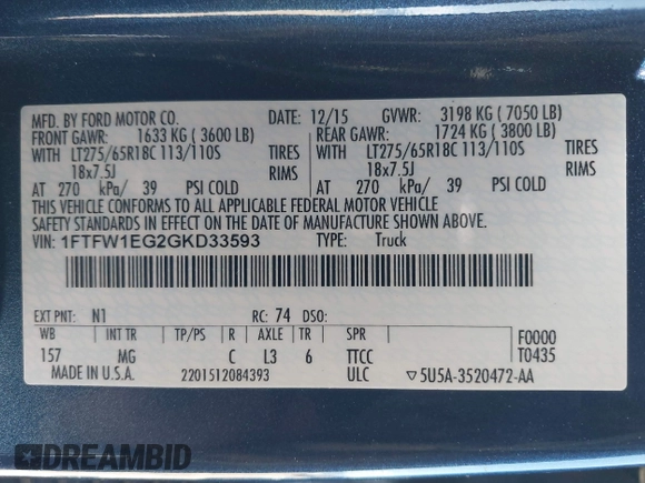 2016 Ford F-150 XLT с VIN 1FTFW1EG2GKD33593, выставлен на аукционе IAAI как лот 42159645 с пробегом 67 128 миль миль и . История ставок и продаж доступна на DreamBid. Изображение 9.