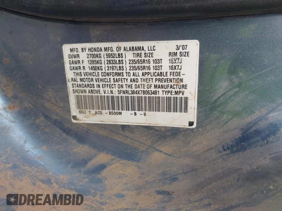 2007 Honda Odyssey EX with VIN 5FNRL384X7B063481, listed as a IAAI auction lot 42352096 with 106,047 mi miles and . Bid and sale history available at DreamBid. Image 9.