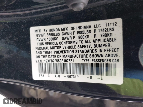 2012 Honda Civic LX with VIN 19XFB2F55CE107821, listed as a IAAI auction lot 42119926 with 172,942 mi miles and . Bid and sale history available at DreamBid. Image 9.