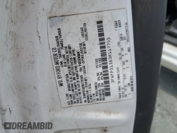 2003 Ford Focus ZX3 with VIN 3FAFP31383R117755, listed as a Copart auction lot 60668725 with 135,856 mi miles and Salvage title. Bid and sale history available at DreamBid. Image 13.