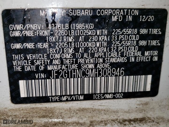 2021 Subaru Crosstrek Limited with VIN JF2GTHNC9MH308946, listed as a Copart auction lot 50391595 with 44,136 mi miles and Salvage Title. Bid and sale history available at carsss.com. Image 13.