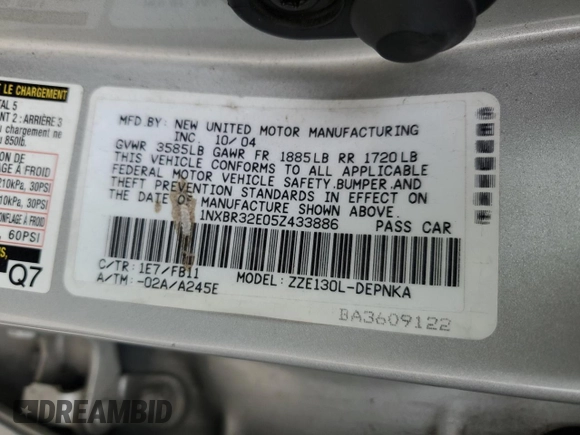 2005 Toyota Corolla CE with VIN 1NXBR32E05Z433886, listed as a Copart auction lot 53670115 with 169,213 mi miles and Salvage title. Bid and sale history available at DreamBid. Image 12.