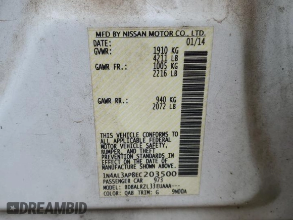 2014 Nissan Altima 2.5 with VIN 1N4AL3AP8EC203500, listed as a Copart auction lot 43761405 with 213,227 mi miles and Salvage Title. Bid and sale history available at carsss.com. Image 14.