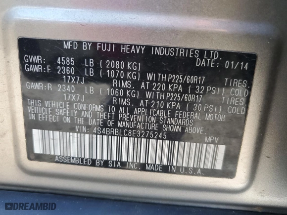 2014 Subaru Outback 2.5i Limited with VIN 4S4BRBLC8E3275245, listed as a Copart auction lot 52519855 with 119,502 mi miles and Salvage Title. Bid and sale history available at carsss.com. Image 13.